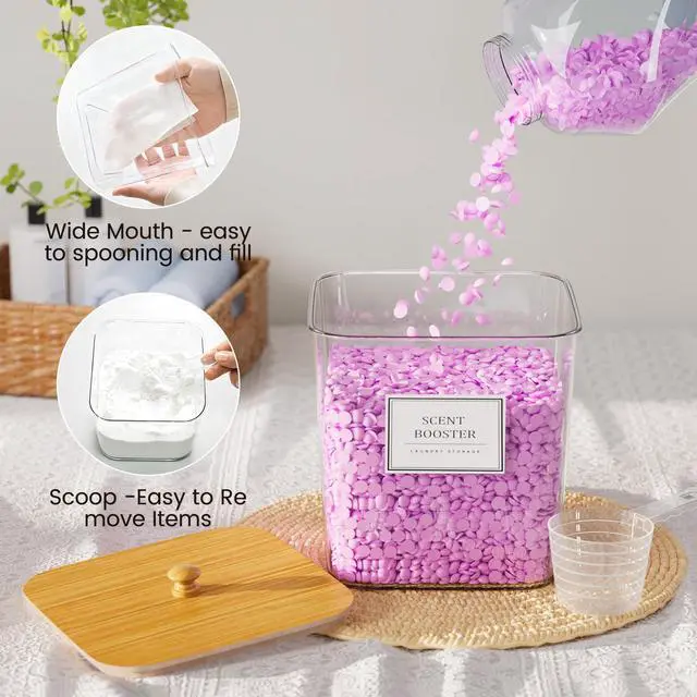 Alt view image 2 of 7 - Laundry Pods Storage Container, Clear Laundry Room Organization and Storage ,Detergent Powder Container,with Wooden Lids & Labels, 3+1 Pack