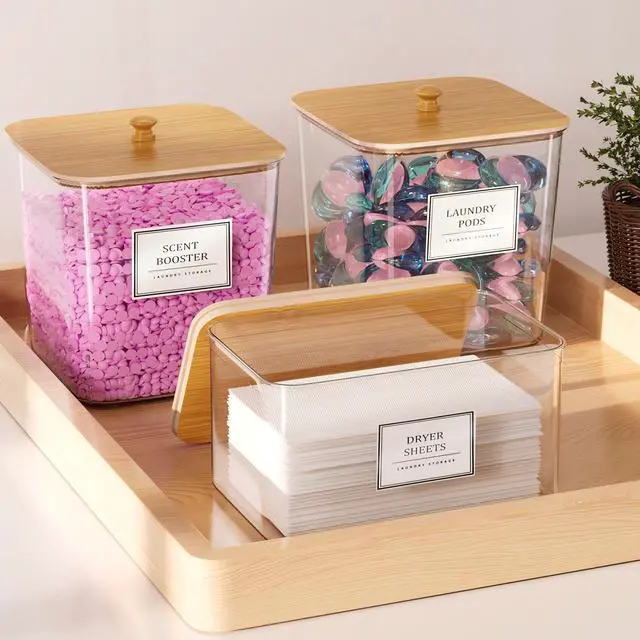 Alt view image 3 of 7 - Laundry Pods Storage Container, Clear Laundry Room Organization and Storage ,Detergent Powder Container,with Wooden Lids & Labels, 3+1 Pack