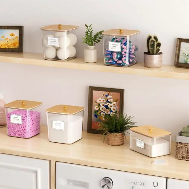 Alt view image 4 of 7 - Laundry Pods Storage Container, Clear Laundry Room Organization and Storage ,Detergent Powder Container,with Wooden Lids & Labels, 3+1 Pack