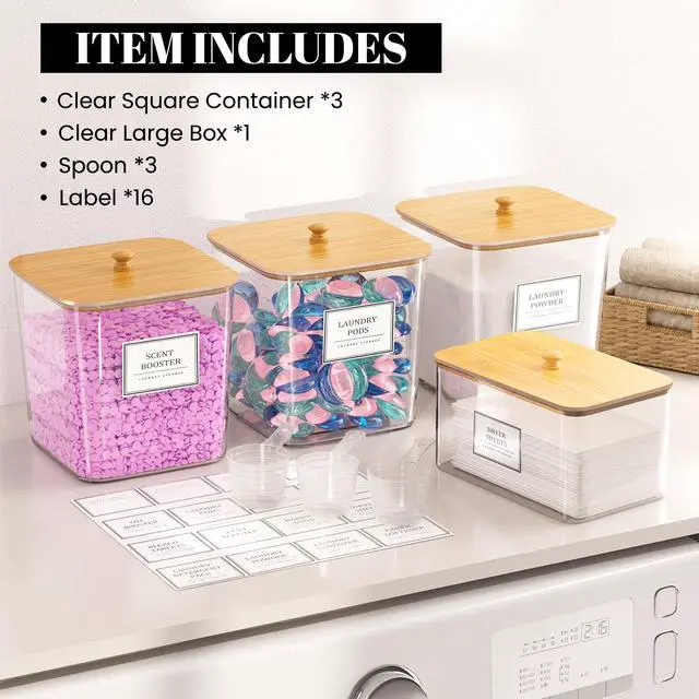 Alt view image 5 of 7 - Laundry Pods Storage Container, Clear Laundry Room Organization and Storage ,Detergent Powder Container,with Wooden Lids & Labels, 3+1 Pack