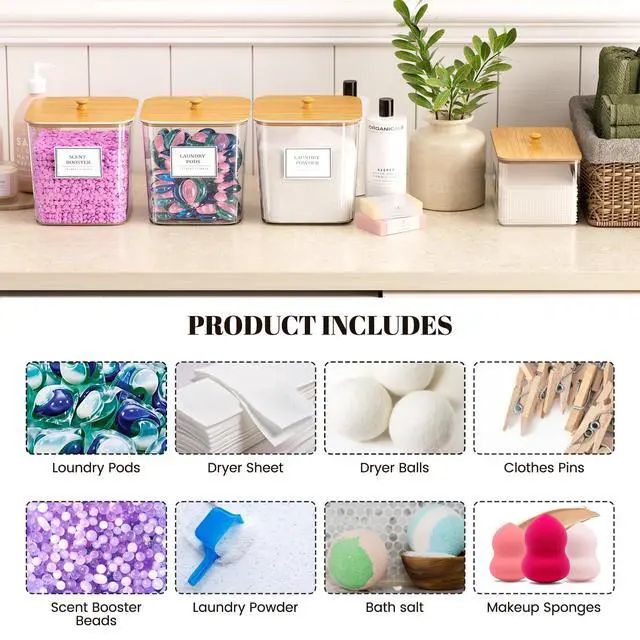 Alt view image 6 of 7 - Laundry Pods Storage Container, Clear Laundry Room Organization and Storage ,Detergent Powder Container,with Wooden Lids & Labels, 3+1 Pack