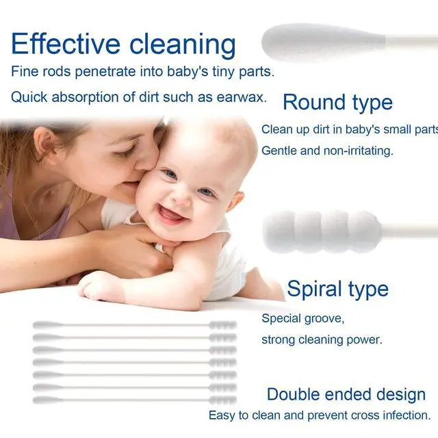 Alt view image 3 of 7 - Baby Cotton Swabs, Paper Sticks Cotton Buds for Baby Ear Nose Clean-200Pcs(Spiral & Round)
