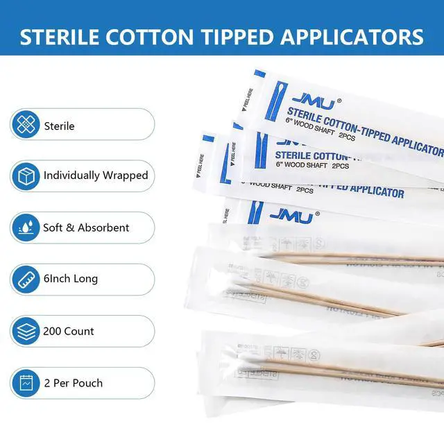 Alt view image 2 of 6 - 6 Inch Sterile Cotton Tipped Applicators, 200 Count Long Cotton Swabs, Wood Shaft Medical Swabs
