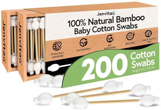 Main image of 100% Bamboo Cotton Swabs for Ears (200-Pack) - Perfect for Baby & Personal Care | Double-Tipped Ear Swabs Cotton for Makeup & Cleaning | FSC Certified & Hypoallergenic, Made for All Ages & Pet