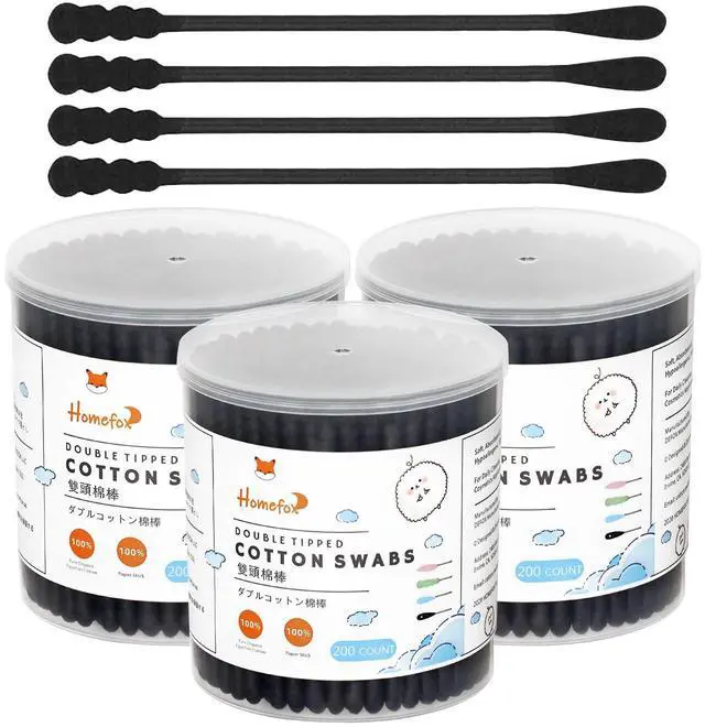 Main image of Black Cotton Swabs Spiral - 600 Count Organic Cotton Buds Double Side Tightly Wrapped Charcoal Cotton Tips Paper Stick Soft Gentle Lint-Free Cruelty-Free Goth Bathroom, Round & Spiral (Black)