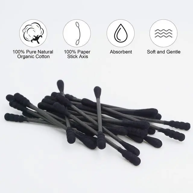 Alt view image 5 of 7 - Black Cotton Swabs Spiral - 600 Count Organic Cotton Buds Double Side Tightly Wrapped Charcoal Cotton Tips Paper Stick Soft Gentle Lint-Free Cruelty-Free Goth Bathroom, Round & Spiral (Black)