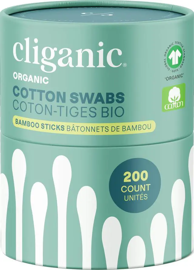 Main image of Organic Bamboo Cotton Swabs, 200 Count - 100% Pure Natural Cotton, Chlorine-Free Hypoallergenic, Soft, Gentle & Absorbent Buds