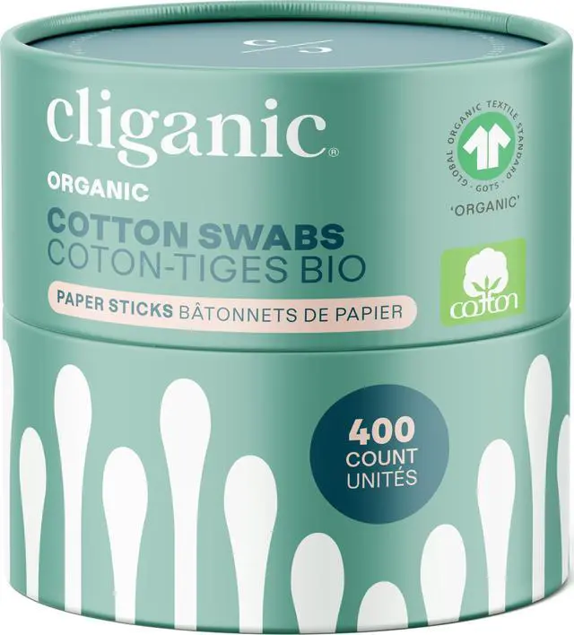 Main image of Organic Cotton Swabs, 400 Count - 100% Pure Natural Cotton, Chlorine-Free Hypoallergenic, Soft, Gentle & Absorbent Paper Buds