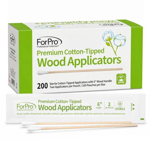 Main image of Premium Cotton-Tipped Wood Applicators, 200-Count Sterile Cotton Swabs with 6" Wood Handle for Medical, Personal Care, Travel, Individually Wrapped in Pairs