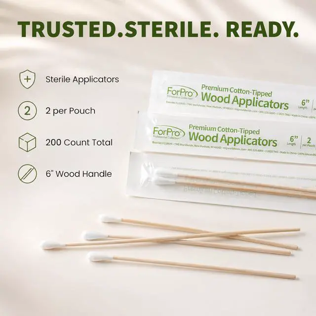 Alt view image 7 of 7 - Premium Cotton-Tipped Wood Applicators, 200-Count Sterile Cotton Swabs with 6" Wood Handle for Medical, Personal Care, Travel, Individually Wrapped in Pairs