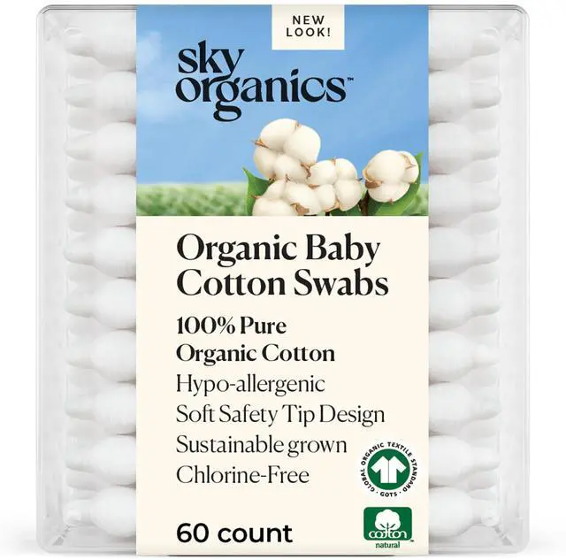 Main image of - Organic Baby Cotton Swabs, 60 ct. - Ultra Soft Baby Safe Tips - Strong & Durable - Hypoallergenic - Chlorine Free - Natural, Vegan & Cruelty Free - Skin Care & Baby Care