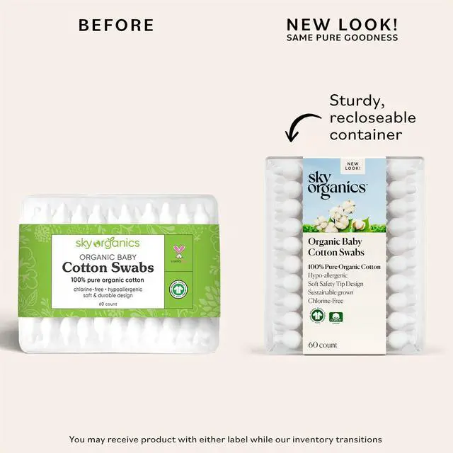 Alt view image 2 of 6 - - Organic Baby Cotton Swabs, 60 ct. - Ultra Soft Baby Safe Tips - Strong & Durable - Hypoallergenic - Chlorine Free - Natural, Vegan & Cruelty Free - Skin Care & Baby Care