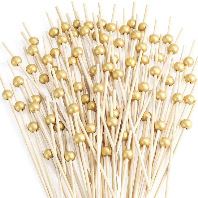 Main image of 200 Pcs Cocktail Picks, 4.7 Inch Toothpicks for Appetizers, Bamboo Cocktail Sticks Skewers for Drinks, Desserts, Charcuterie, Wedding Party Fancy Toothpicks, Gold Pearl Mini Food Picks Decorative