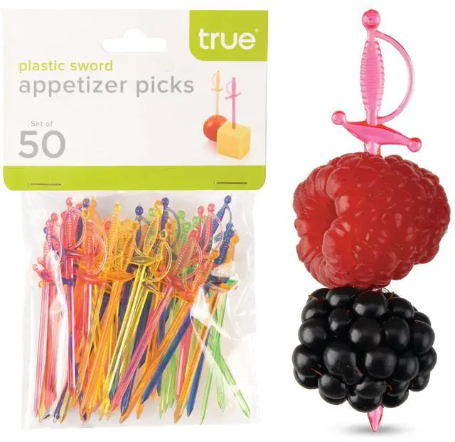 Main image of True Spear Appetizer Picks, Mini Sword Toothpicks Plastic, Cocktail Swords Skewers for Drinks, Desserts Birthday Party Supplies, Set of 50, Multicolor