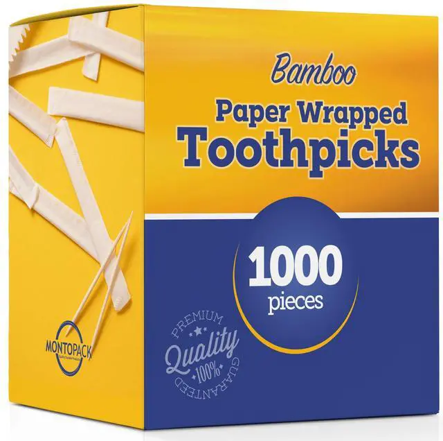 Main image of Individually Paper Wrapped Toothpicks | Eco-Friendly Bulk Pack of 1000 Wooden Food Safe Fruit Pick for Appetizers Cocktail Barbecue & Party | Double Pointed Tooth Picks for Teeth Cleaning