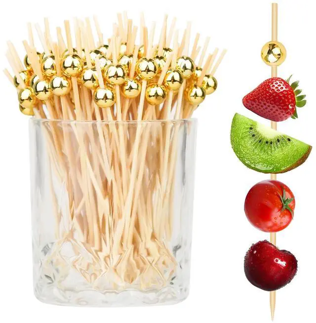 Main image of 200PCS Cocktail Picks, Fancy Toothpicks for Appetizers, Decorative Skewers for Appetizers Drinks Party Fruit, 4.7 Inch Long Wooden Bamboo Gold Ball Food Sticks Charcuterie Boards Accessories