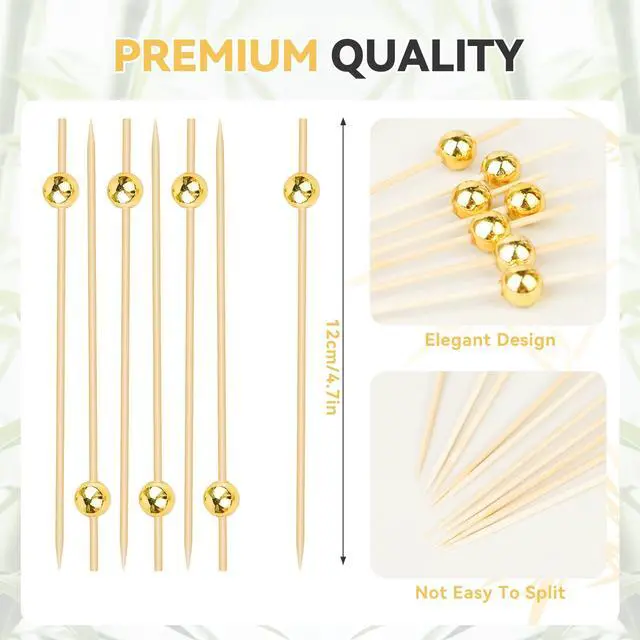 Alt view image 2 of 7 - 200PCS Cocktail Picks, Fancy Toothpicks for Appetizers, Decorative Skewers for Appetizers Drinks Party Fruit, 4.7 Inch Long Wooden Bamboo Gold Ball Food Sticks Charcuterie Boards Accessories