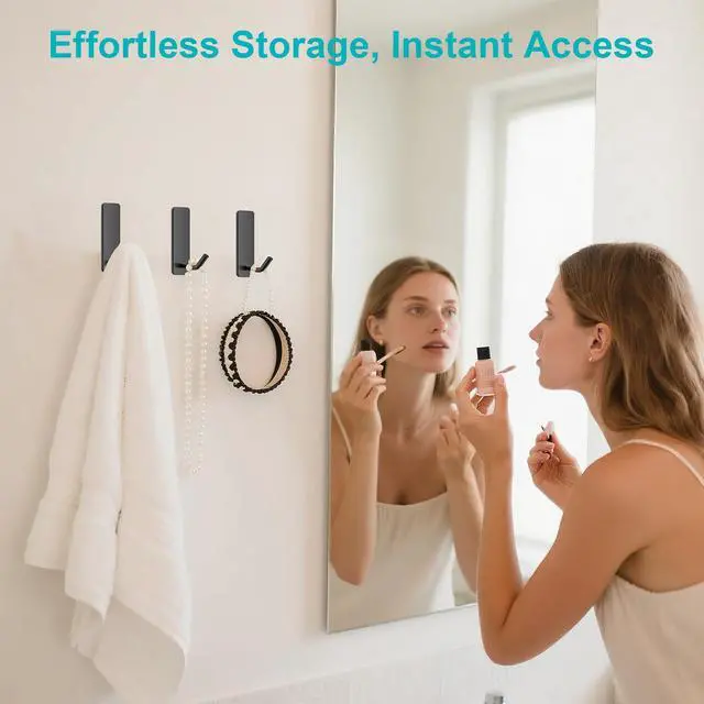 Alt view image 3 of 7 - Small Self Adhesive Hooks for Walls No Damage, 6-Pack Stainless Steel Stick on Hooks for Hanging Towel Key Hat Bag Jewelry, Sticky Hangers for Kitchen Bathroom Door (Black(6pcs))