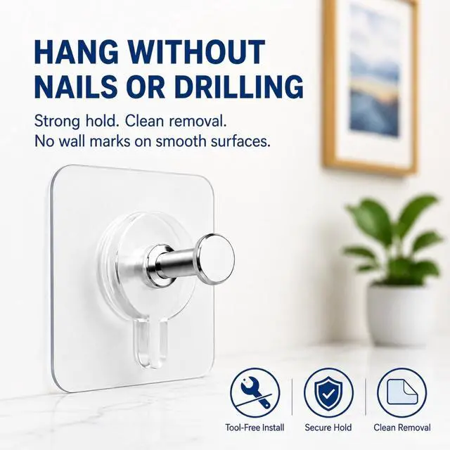 Alt view image 3 of 7 - Picture Hangers Without Nails, Nail Free Wall Hangers,20 Counts Adhesive Wall Hooks for Hanging with Waterproof and Oilproof,13 lbs Load Max