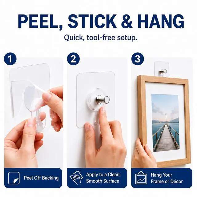 Alt view image 5 of 7 - Picture Hangers Without Nails, Nail Free Wall Hangers,20 Counts Adhesive Wall Hooks for Hanging with Waterproof and Oilproof,13 lbs Load Max