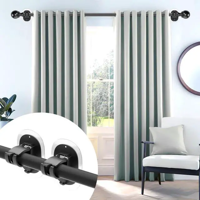 Alt view image 2 of 7 - 2 Pack No Drill Curtain Rod Brackets Self Adhesive Curtain Rod Holder No Drilling Curtain Rod Hooks Nail Free Adjustable Curtain Rod Holders Curtain Hangers for Bathroom Kitchen Renter Black