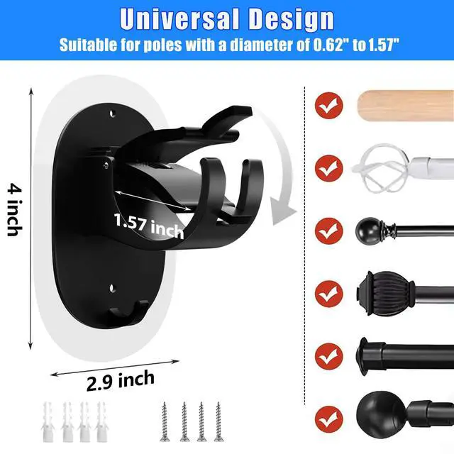Alt view image 3 of 7 - 2 Pack No Drill Curtain Rod Brackets Self Adhesive Curtain Rod Holder No Drilling Curtain Rod Hooks Nail Free Adjustable Curtain Rod Holders Curtain Hangers for Bathroom Kitchen Renter Black