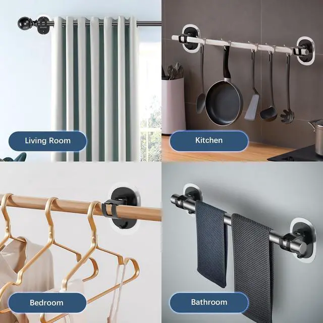 Alt view image 5 of 7 - 2 Pack No Drill Curtain Rod Brackets Self Adhesive Curtain Rod Holder No Drilling Curtain Rod Hooks Nail Free Adjustable Curtain Rod Holders Curtain Hangers for Bathroom Kitchen Renter Black