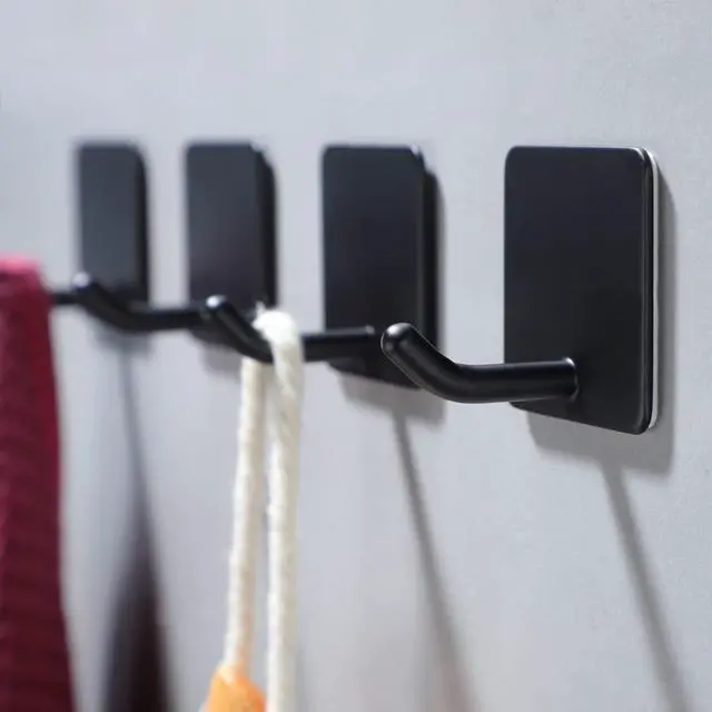Main image of Adhesive Towel Hooks - 4 Pack Towel Hooks for Hanging Robes Coat Hooks Stick on Wall Hooks Stainless Steel, Matte Black