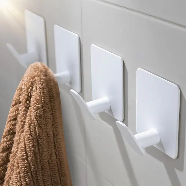 Main image of 4 Pack Adhesive Towel Hooks - White Heavy Duty Self Adhesive Hooks Stick on Wall Hanging Robes Coats Clothes for Bathroom Bedroom Kitchen Door, Stainless Steel