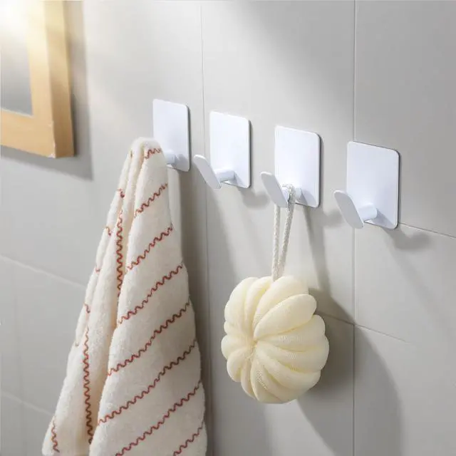 Alt view image 3 of 6 - 4 Pack Adhesive Towel Hooks - White Heavy Duty Self Adhesive Hooks Stick on Wall Hanging Robes Coats Clothes for Bathroom Bedroom Kitchen Door, Stainless Steel