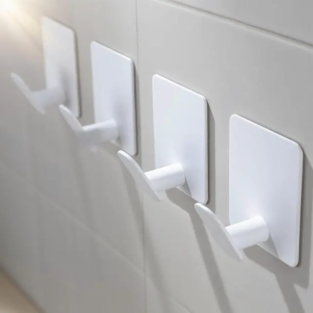Alt view image 2 of 6 - 4 Pack Adhesive Towel Hooks - White Heavy Duty Self Adhesive Hooks Stick on Wall Hanging Robes Coats Clothes for Bathroom Bedroom Kitchen Door, Stainless Steel