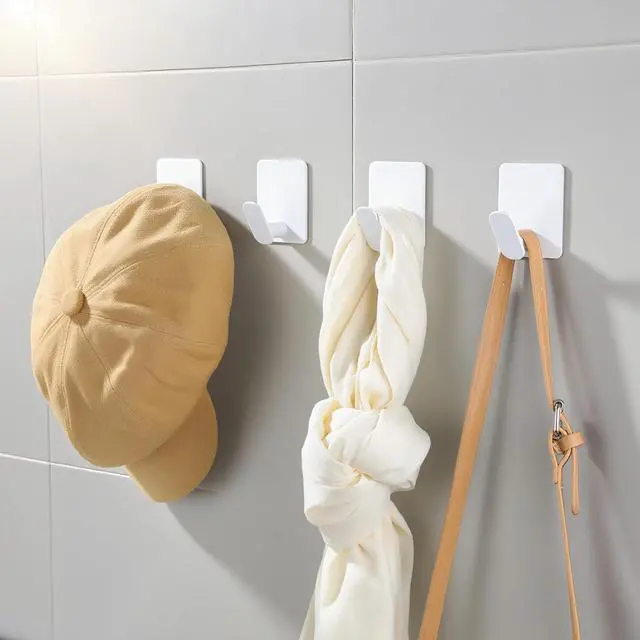 Alt view image 4 of 6 - 4 Pack Adhesive Towel Hooks - White Heavy Duty Self Adhesive Hooks Stick on Wall Hanging Robes Coats Clothes for Bathroom Bedroom Kitchen Door, Stainless Steel