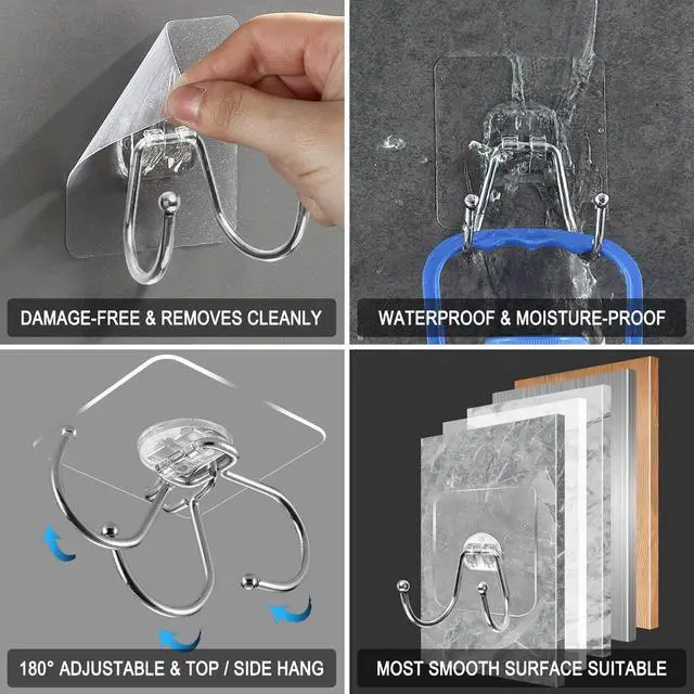 Alt view image 3 of 7 - 15 Pack Large Double Adhesive Wall Hooks, Damage-Free Waterproof 33 Ib Max Heavy Duty Hanging Clear Seamless Sticky Utility Hooks, Towel Coats Hats Clothes Nail Free Hangers (Twin Round Head)