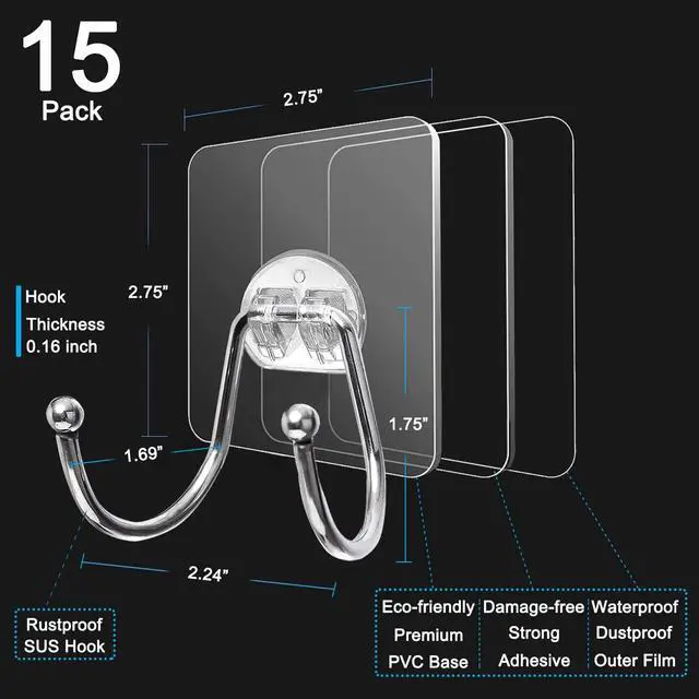 Alt view image 6 of 7 - 15 Pack Large Double Adhesive Wall Hooks, Damage-Free Waterproof 33 Ib Max Heavy Duty Hanging Clear Seamless Sticky Utility Hooks, Towel Coats Hats Clothes Nail Free Hangers (Twin Round Head)
