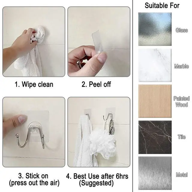 Alt view image 7 of 7 - 15 Pack Large Double Adhesive Wall Hooks, Damage-Free Waterproof 33 Ib Max Heavy Duty Hanging Clear Seamless Sticky Utility Hooks, Towel Coats Hats Clothes Nail Free Hangers (Twin Round Head)