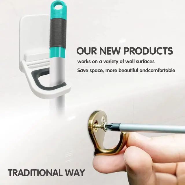 Alt view image 3 of 7 - 3 Pack Broom and Mop Holder Wall Mount, No-Drill Self Adhesive Gripper Hooks, Anti-Slip Organizer for Mop, Broom, Dustpan and Cleaning Tools