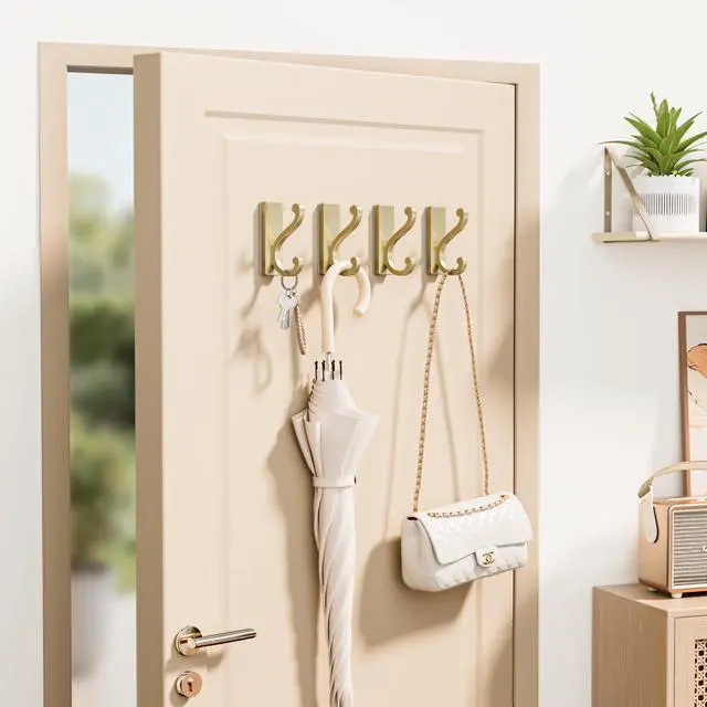 Alt view image 3 of 7 - 4 Pack Self Adhesive Coat Hooks - Gold Sticky Hangers Wall Mount, Holds 13Lbs for Clothes, Towel, Robes, Keys, Double Hooks for Bathroom, Bedroom and Door.