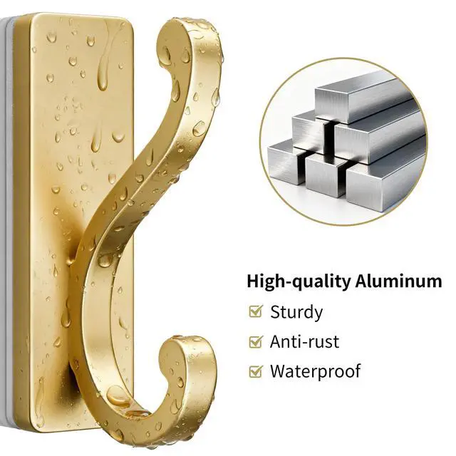 Alt view image 4 of 7 - 4 Pack Self Adhesive Coat Hooks - Gold Sticky Hangers Wall Mount, Holds 13Lbs for Clothes, Towel, Robes, Keys, Double Hooks for Bathroom, Bedroom and Door.
