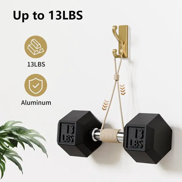 Alt view image 6 of 7 - 4 Pack Self Adhesive Coat Hooks - Gold Sticky Hangers Wall Mount, Holds 13Lbs for Clothes, Towel, Robes, Keys, Double Hooks for Bathroom, Bedroom and Door.
