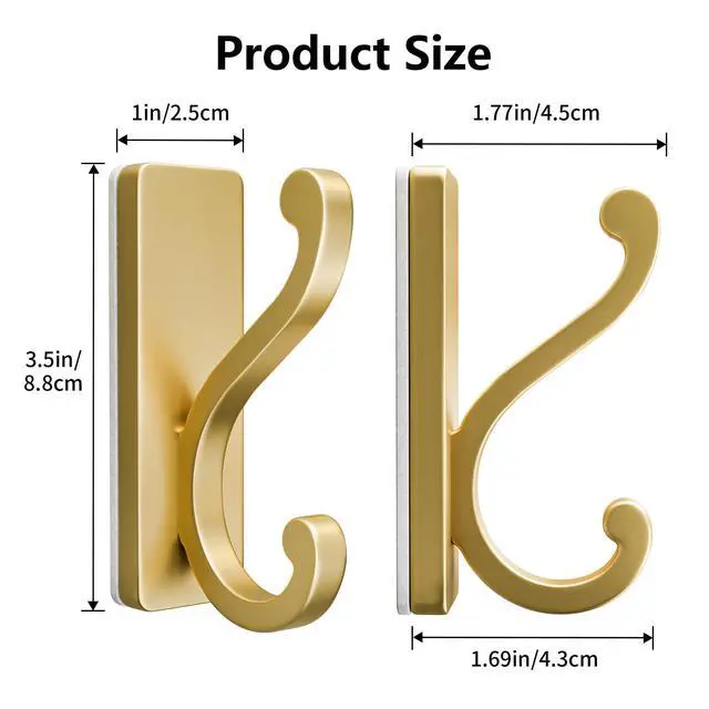 Alt view image 5 of 7 - 4 Pack Self Adhesive Coat Hooks - Gold Sticky Hangers Wall Mount, Holds 13Lbs for Clothes, Towel, Robes, Keys, Double Hooks for Bathroom, Bedroom and Door.