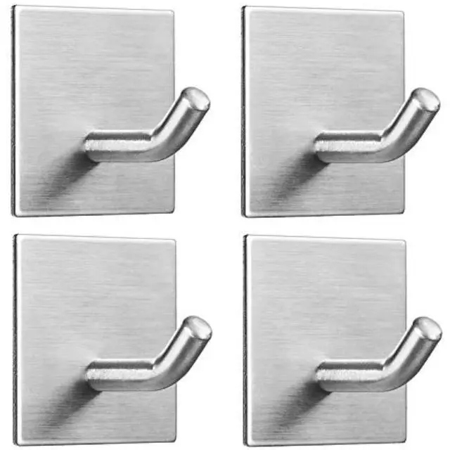 Main image of Heavy Duty Adhesive Hooks, Stick on Wall Adhesive Hangers, Strong Stainless Steel Holder, Self Adhesive Hooks for Kitchen Bathroom Home Door Towel Coat Key Robe 4 Packs Silver