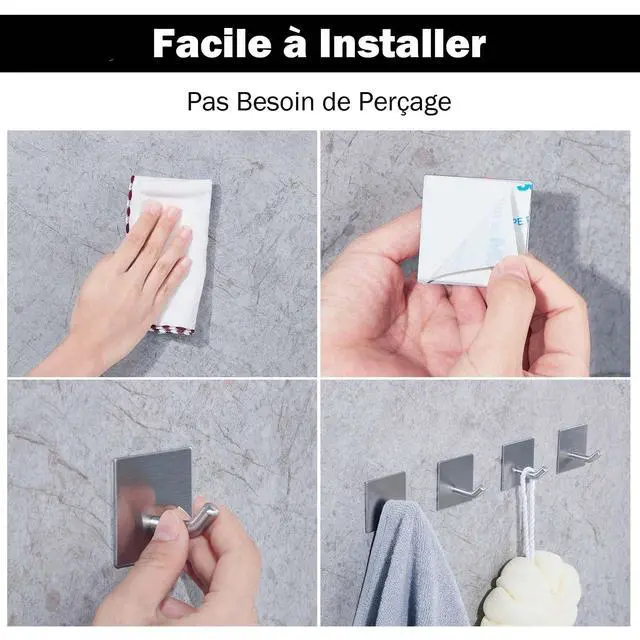 Alt view image 2 of 6 - Heavy Duty Adhesive Hooks, Stick on Wall Adhesive Hangers, Strong Stainless Steel Holder, Self Adhesive Hooks for Kitchen Bathroom Home Door Towel Coat Key Robe 4 Packs Silver
