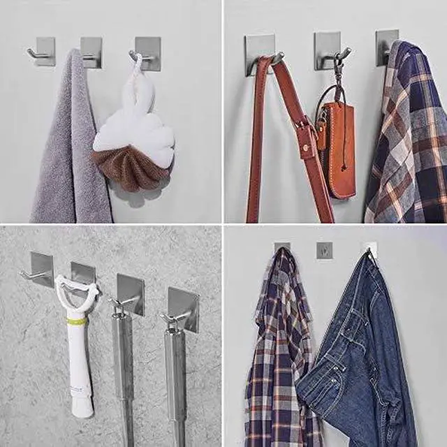 Alt view image 6 of 6 - Heavy Duty Adhesive Hooks, Stick on Wall Adhesive Hangers, Strong Stainless Steel Holder, Self Adhesive Hooks for Kitchen Bathroom Home Door Towel Coat Key Robe 4 Packs Silver