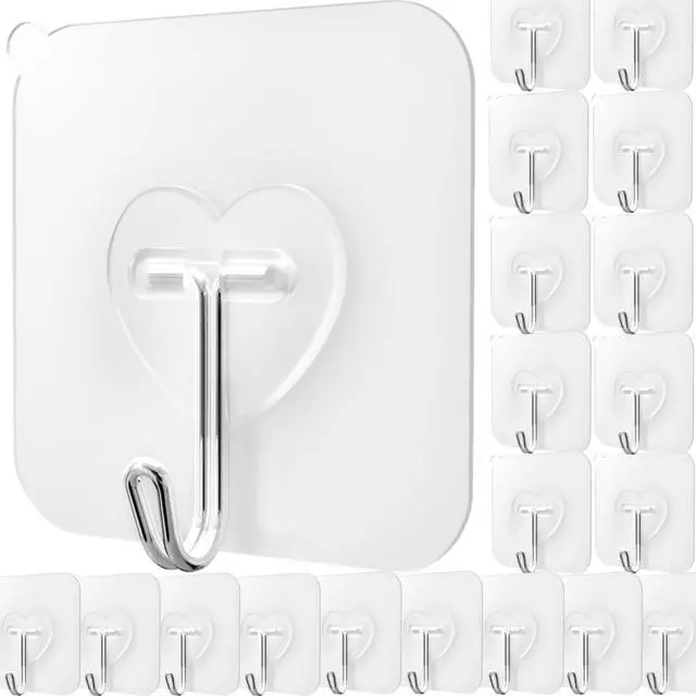 Main image of 20 Pcs Clear Adhesive Hooks for Hanging 22lb Self Adhesive Wall Hooks Heavy Duty Waterproof Transparent Sticky Hooks for Shower Home Bathroom Kitchen Office