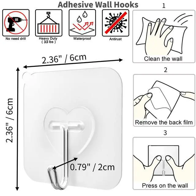 Alt view image 6 of 6 - 20 Pcs Clear Adhesive Hooks for Hanging 22lb Self Adhesive Wall Hooks Heavy Duty Waterproof Transparent Sticky Hooks for Shower Home Bathroom Kitchen Office