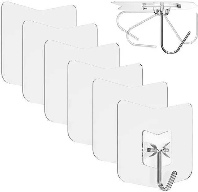 Main image of Adhesive Hooks for Hanging 6 Pack, 33 lbs Heavy Duty Wall Hooks 304 Stainless Steel Self Adhesive Towel Hook Waterproof Transparent Sticky Hooks for Kitchen Glass Door (6)