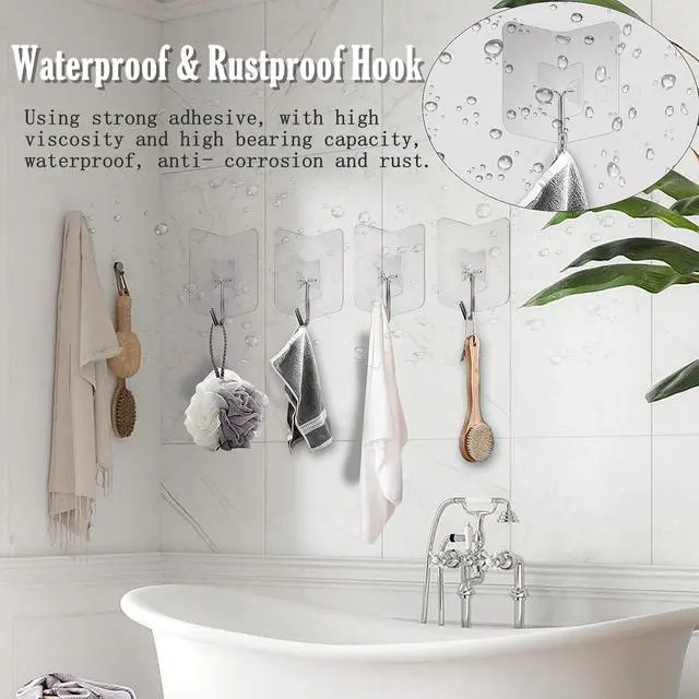 Alt view image 3 of 7 - Adhesive Hooks for Hanging 6 Pack, 33 lbs Heavy Duty Wall Hooks 304 Stainless Steel Self Adhesive Towel Hook Waterproof Transparent Sticky Hooks for Kitchen Glass Door (6)