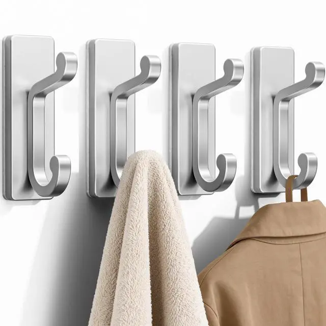 Main image of Silver Self Adhesive Hooks - Stick on Hanger for Coats, Towels and Robes, Double Hooks for Door, Kitchen, Bathroom, Shower, Rental Houses, Hold 13lbs, 4 Pack.