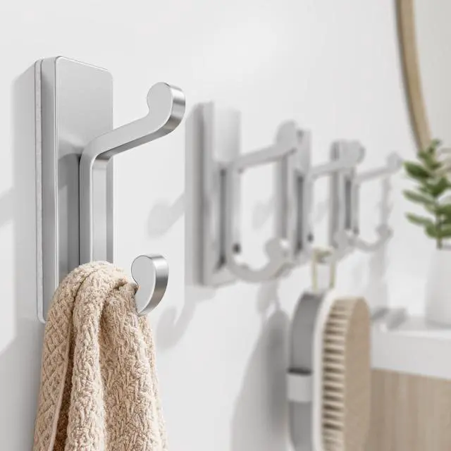 Alt view image 2 of 7 - Silver Self Adhesive Hooks - Stick on Hanger for Coats, Towels and Robes, Double Hooks for Door, Kitchen, Bathroom, Shower, Rental Houses, Hold 13lbs, 4 Pack.
