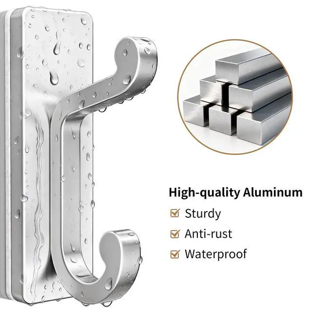 Alt view image 3 of 7 - Silver Self Adhesive Hooks - Stick on Hanger for Coats, Towels and Robes, Double Hooks for Door, Kitchen, Bathroom, Shower, Rental Houses, Hold 13lbs, 4 Pack.